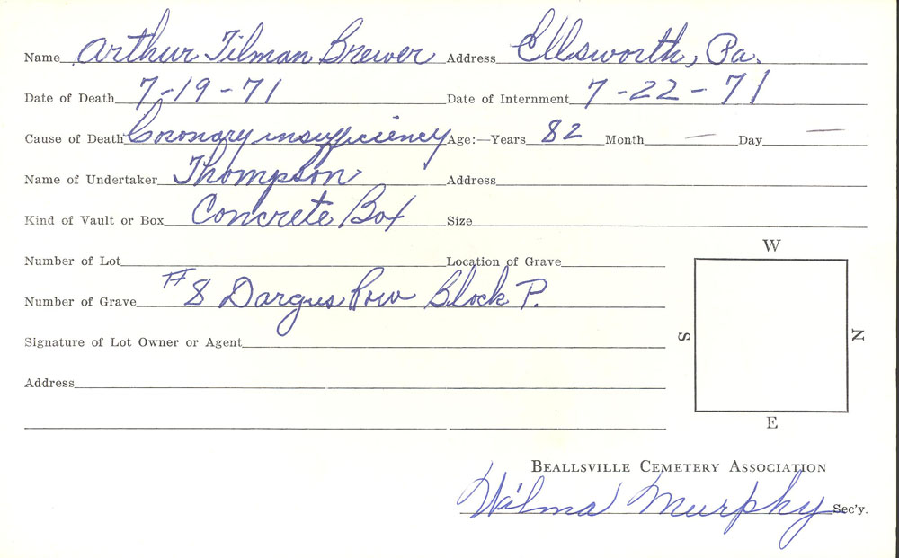 ARthur Tillman Brewer burial card